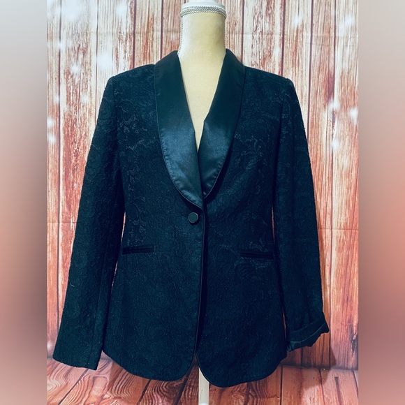 Women’s Size 8 Blazer Liz Claiborne Black Lace Textured Lined Soft Silky Trim - Picture 2 of 10